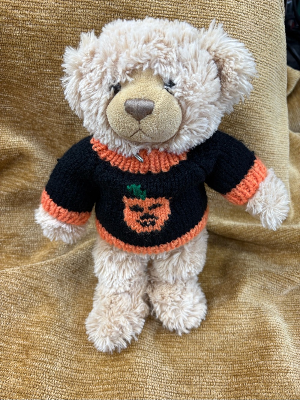 Gund Cream 10” Teddy Bear with Black & Orange Pumpkin Sweater